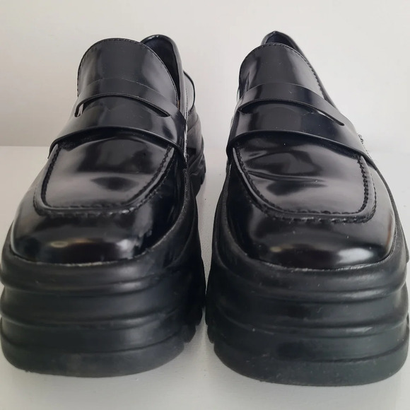 ZARA Chunky Trafaluc Shoes Womens Size 38 US7 Black Patent Leather Pre Owned - Picture 2 of 9